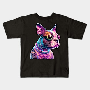 Synthwave Boston Terrier with Neon Goggles Kids T-Shirt